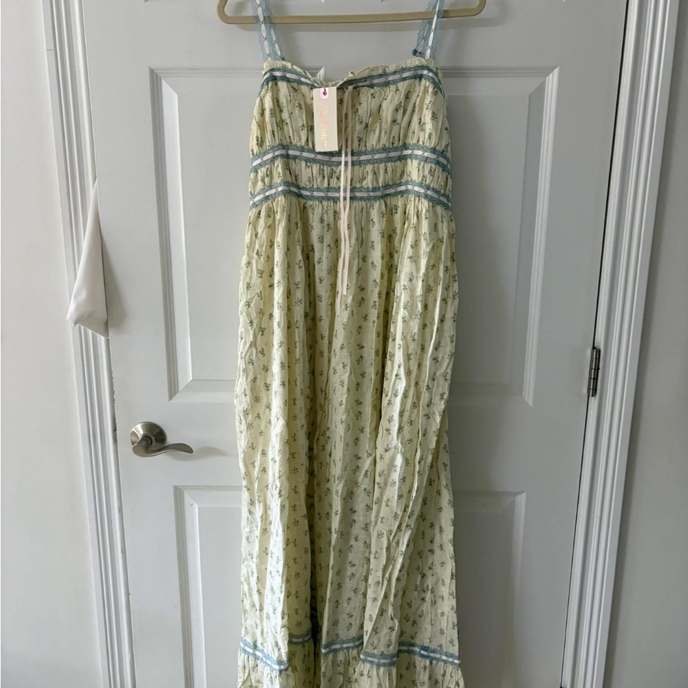 Worth collective Floral Maxi Dress with Blue Accents and ribbon